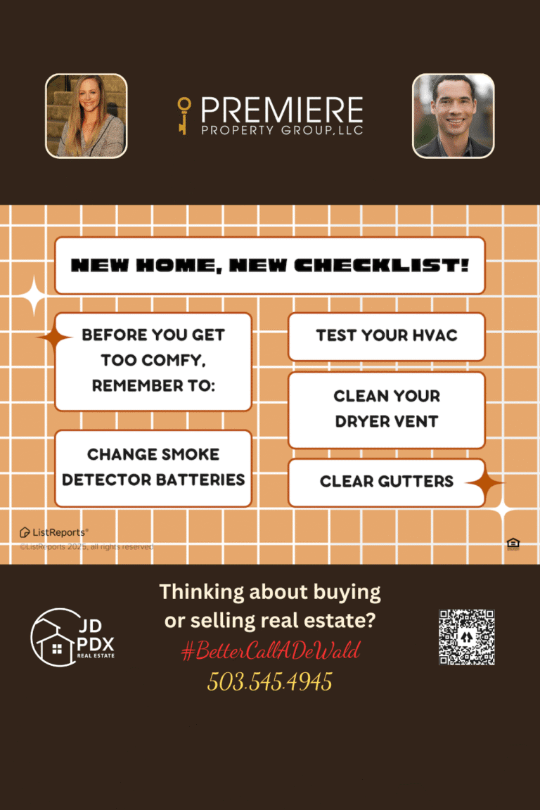 Must-Do Tasks for Your New Home. Home maintenance checklist graphic with reminders like changing smoke detector batteries, testing HVAC, cleaning dryer vents, and clearing gutters, plus real estate branding and agent photos
