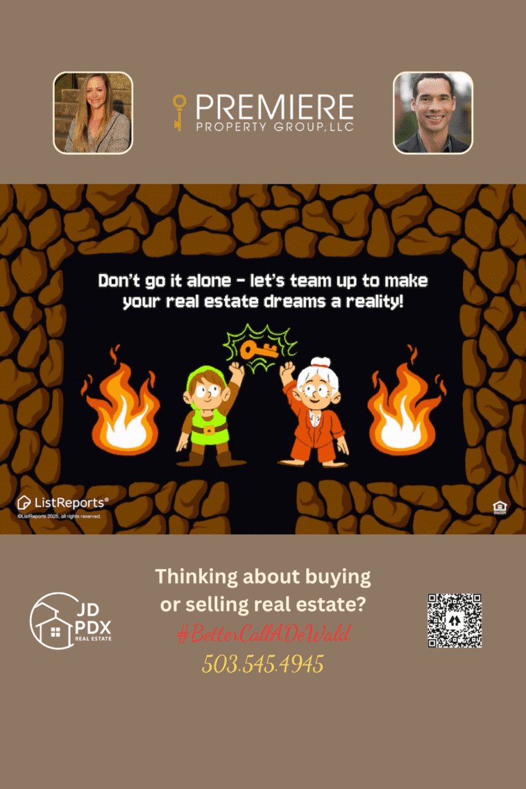 Press Start to Unlock Your Dream Home. A retro video game–style illustration shows two cartoon characters in a cave with torches, one holding a glowing golden key. The image promotes JD PDX Real Estate and Premiere Property Group with the tagline encouraging teamwork to achieve real estate goals