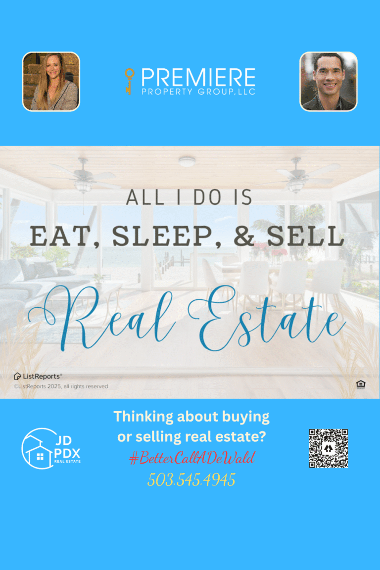 Turning Home Dreams into Reality. A cozy beachside living room with large windows, a wooden ceiling, and bright natural light. Text overlay promotes real estate services from JD PDX Real Estate and Premiere Property Group