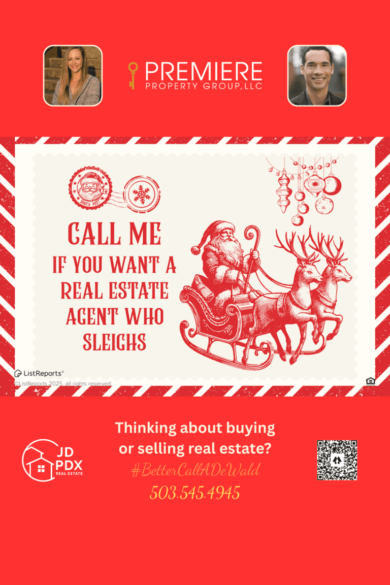 Planning Your Next Home Move. Vintage holiday graphic featuring Santa in a sleigh pulled by reindeer, styled as a festive real estate promotion with red and cream Christmas-themed design elements.