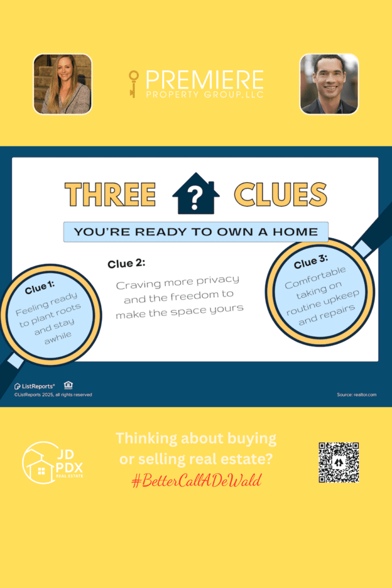 Ready to Make Your Move?Graphic showing three clues you’re ready to own a home—planting roots, wanting more privacy, and being comfortable with routine upkeep—alongside real estate agent branding