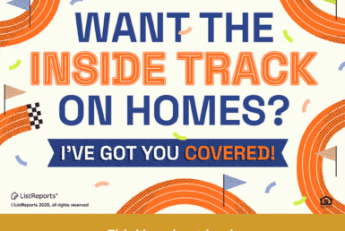 Stay Ahead Of The Market. Colorful real estate graphic asking about getting the inside track on homes, with racing-style design elements. Bottom section shows real estate agent photos, contact information, JD PDX Real Estate logo, Premiere Property Group branding, and a QR code.