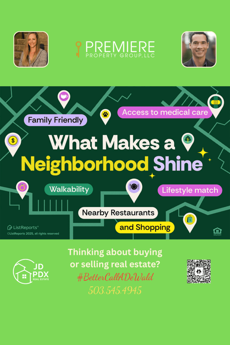 Your Ideal Neighborhood Awaits. Graphic showing neighborhood features like walkability, family-friendly areas, restaurants, shopping, medical access, and lifestyle match. Bottom section includes real estate agent photos, contact info, JD PDX Real Estate logo, and Premiere Property Group branding
