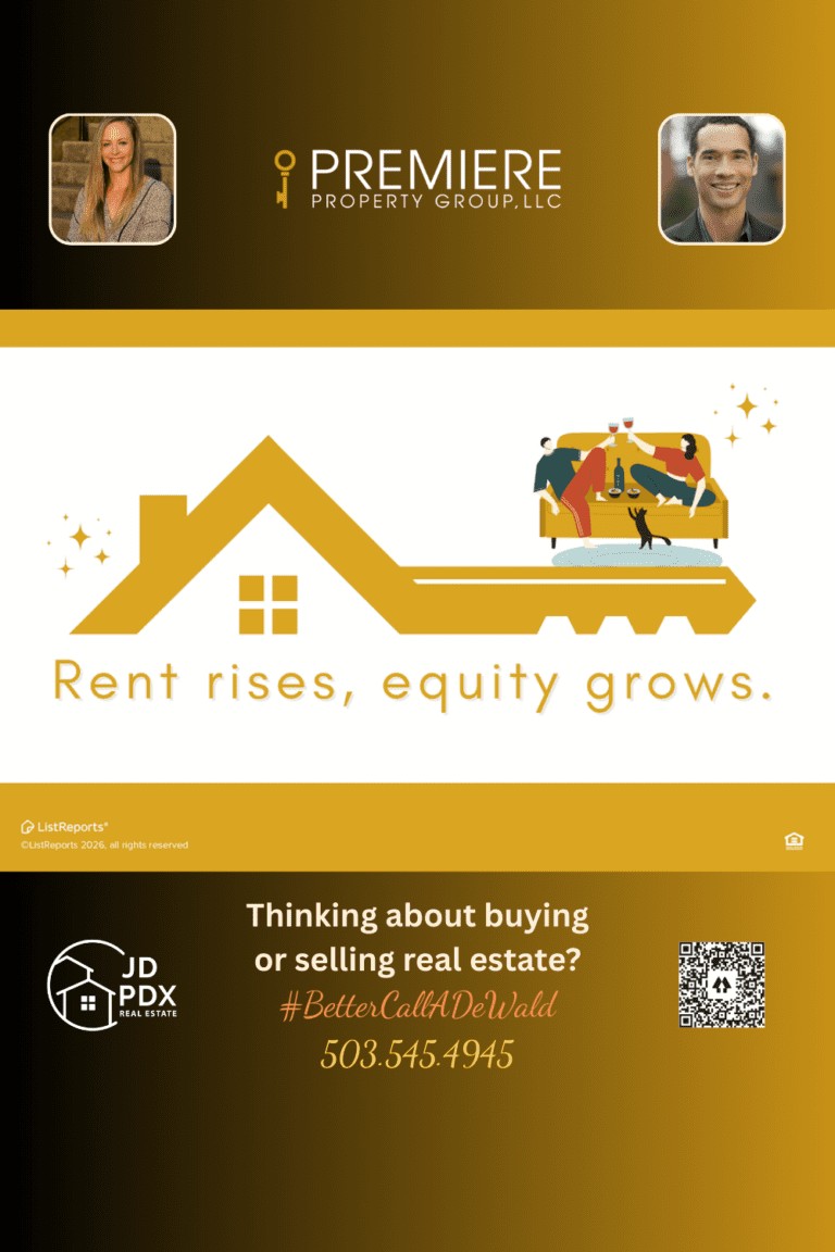From Rent Checks to Real Equity. Graphic of a golden house and key icon with people relaxing on a couch, paired with the message about rent rising and equity growing. The bottom section features real estate branding, contact information, and agent photos.