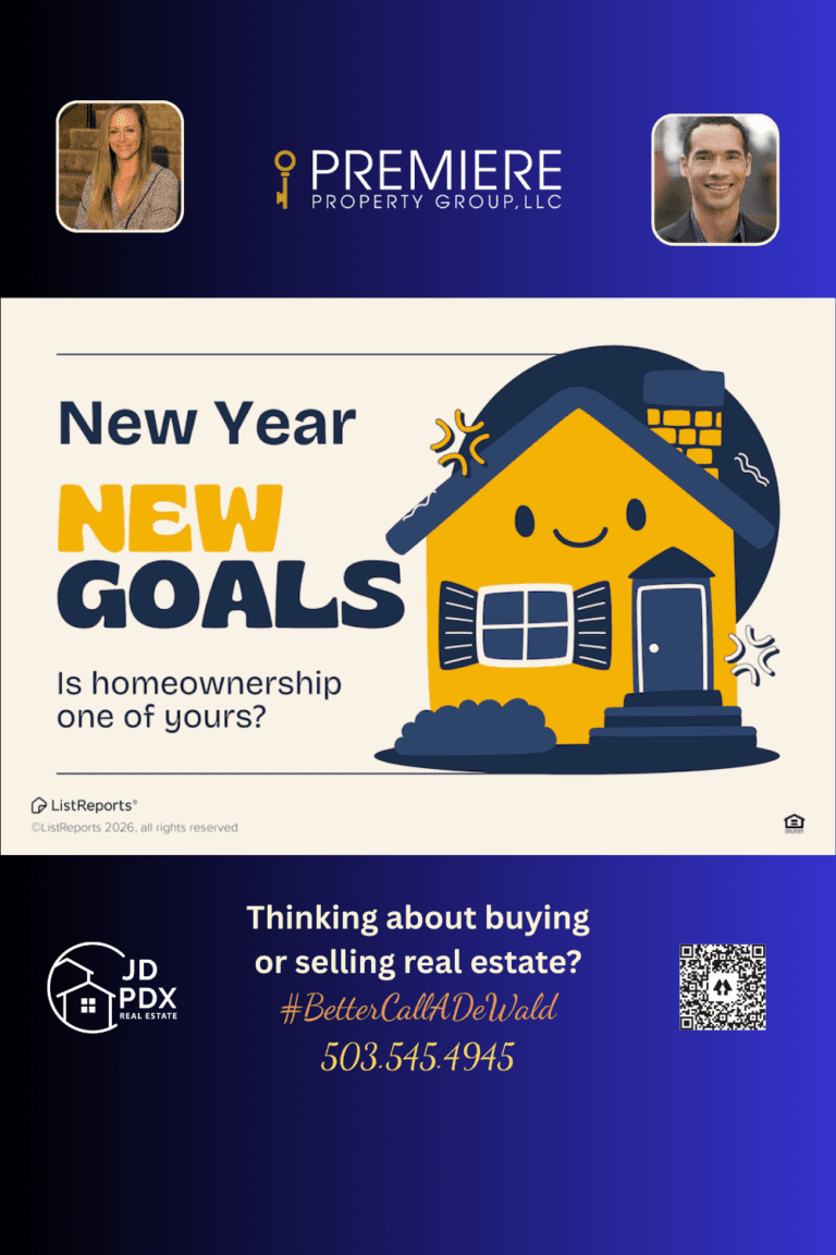 New Year, New Home Goals . Friendly illustration of a cheerful yellow house with winter accents beside text about New Year goals and homeownership. The bottom section includes real estate branding, agent photos, contact info, and company logo.