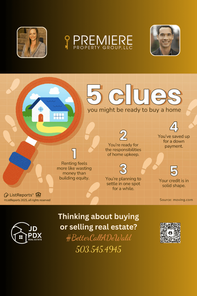 Your First Step to Homeownership. Infographic showing five clues you might be ready to buy a home, including saving for a down payment, solid credit, planning to stay put, and readiness for home upkeep, with JD PDX Real Estate branding and contact information.