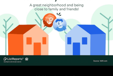 Real estate graphic illustrating that buyers value a great neighborhood and proximity to family and friends, featuring two homes and JD PDX Real Estate with Premier Property Group branding and contact details