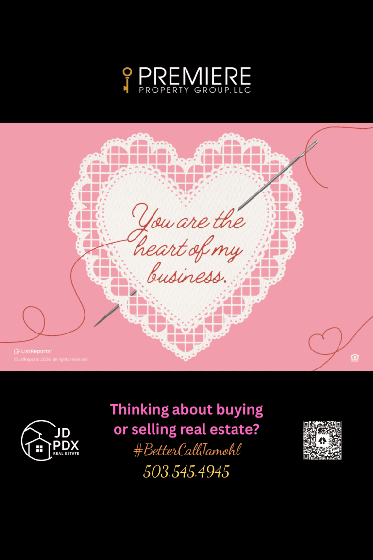 Real Estate Is About People Not Just Properties. Valentine-themed real estate graphic with stitched heart design and appreciation message, featuring JD PDX Real Estate and Premier Property Group branding and contact details.
