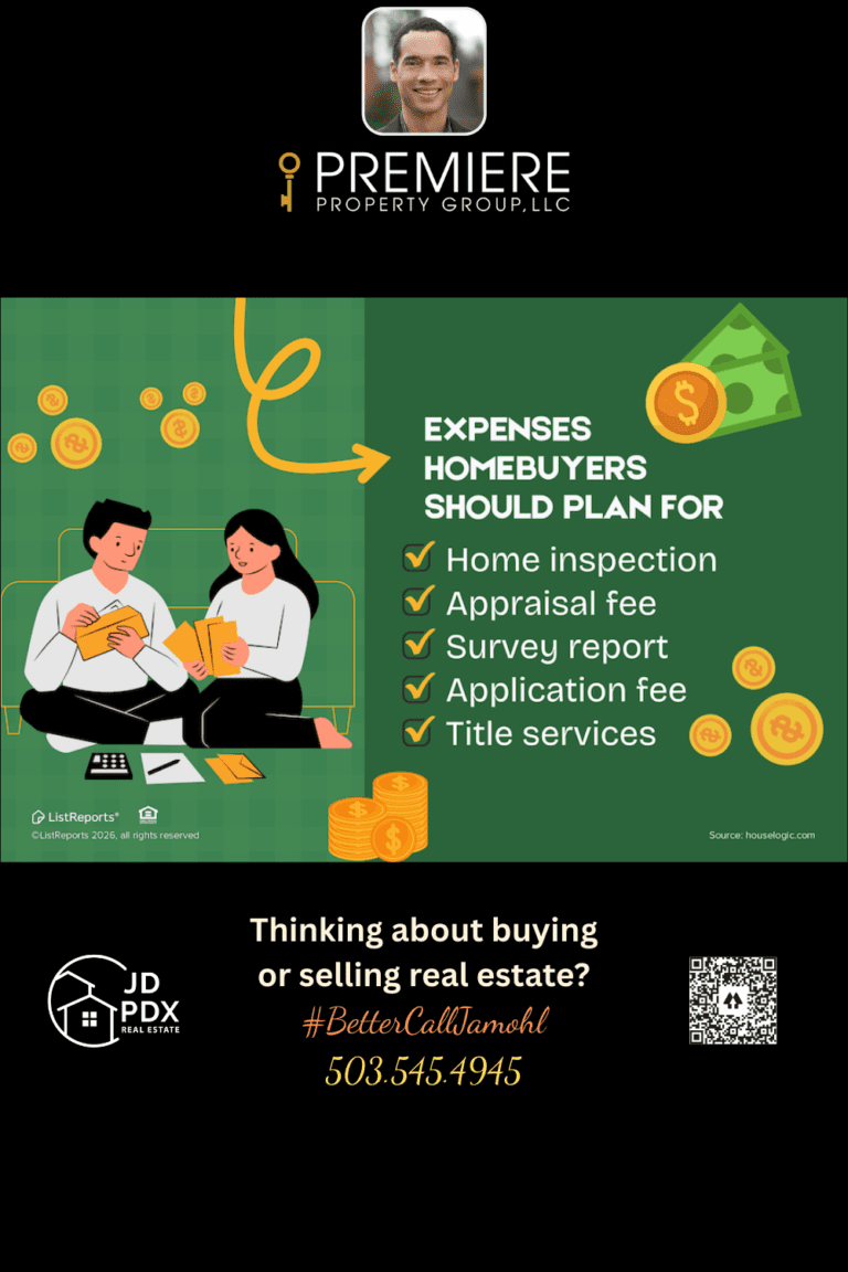 Illustration showing homebuyers reviewing upfront home buying expenses like inspection, appraisal, and title services, with budgeting and paperwork visuals.