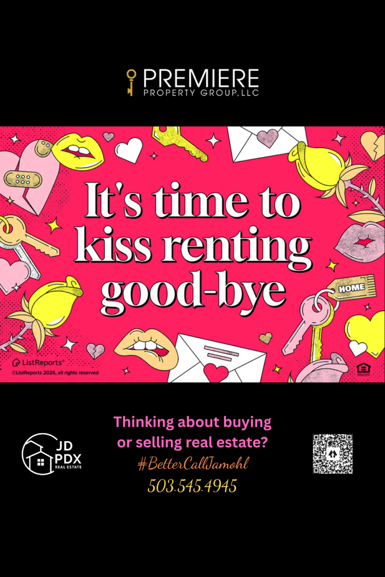 What If Your Rent Payment Built Equity Instead. Bright Valentine-style real estate graphic with hearts, keys, lips, and playful icons encouraging renters to move on to homeownership, with JD PDX Real Estate branding.