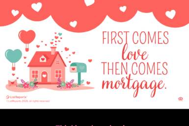Valentine-themed real estate graphic with illustrated home, hearts, and playful love and mortgage message, featuring JD PDX Real Estate and Premier Property Group branding