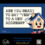 Your Home Buying Questions—Answered Playful real estate graphic featuring a cartoon house character and message about saying yes to a new address, with JD PDX Real Estate and Premier Property Group branding