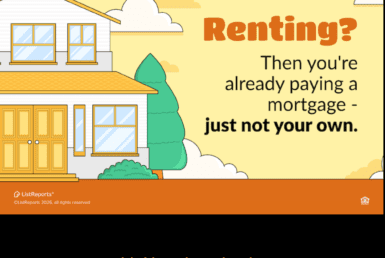 Illustration of a house with message about renters paying someone else’s mortgage, encouraging homeownership and building equity in Portland-area real estate
