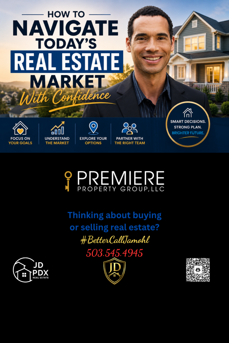 Portland-area real estate agent standing confidently in front of a modern home with the headline "How to Navigate Today's Real Estate Market With Confidence," highlighting smart home buying and selling strategies in Washington County, Oregon.