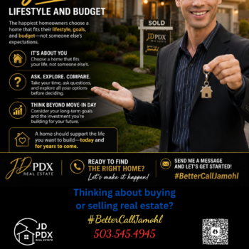 Portland-area Realtor holding house keys in front of a beautiful home with tips on choosing the right home for your lifestyle and budget